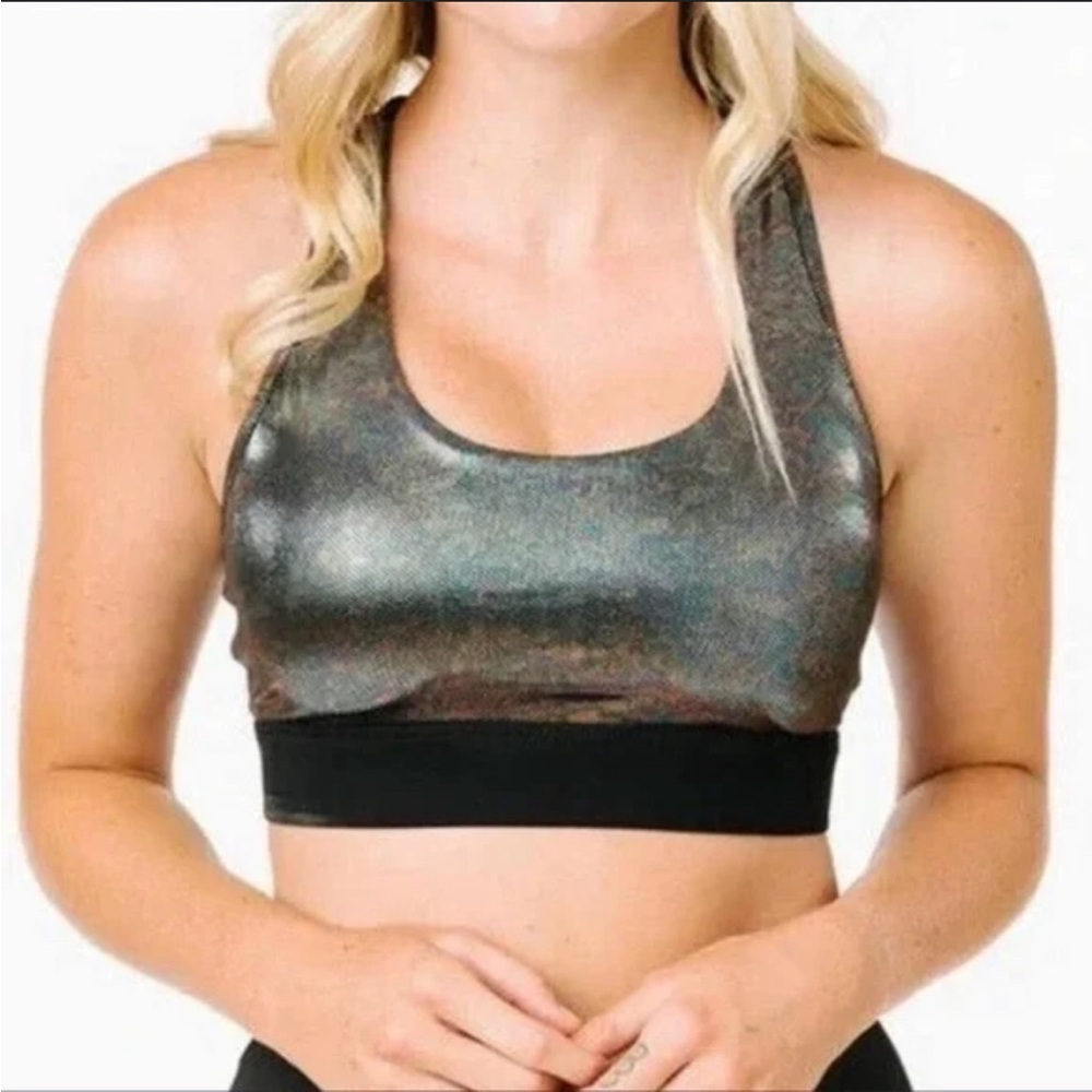 ZYIA Gunmetal Disco Ball Oil Slick Luxe Sports Bra Metallic Silver